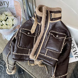 Getadme-Black Lambswool Jacket Winter Thickened Plus Velvet Motorcycle Faux Leather Stitching Coat PU Plush Cardigan Stand Collar Tops