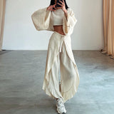 GETADME Spring Casual Solid Cotton Linen Suit Summer O Neck Crop Top+Lace-up Ruffle Pants Outfit Sets for Women Flare Sleeve Hollow 2pcs