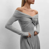 GETADME Trendix Cross Neck Long Sleeve Shirts For Women Sexy Off Shoulder Solid Slim Short Tops Club Casual Party Bodycon T-shirt Ladies