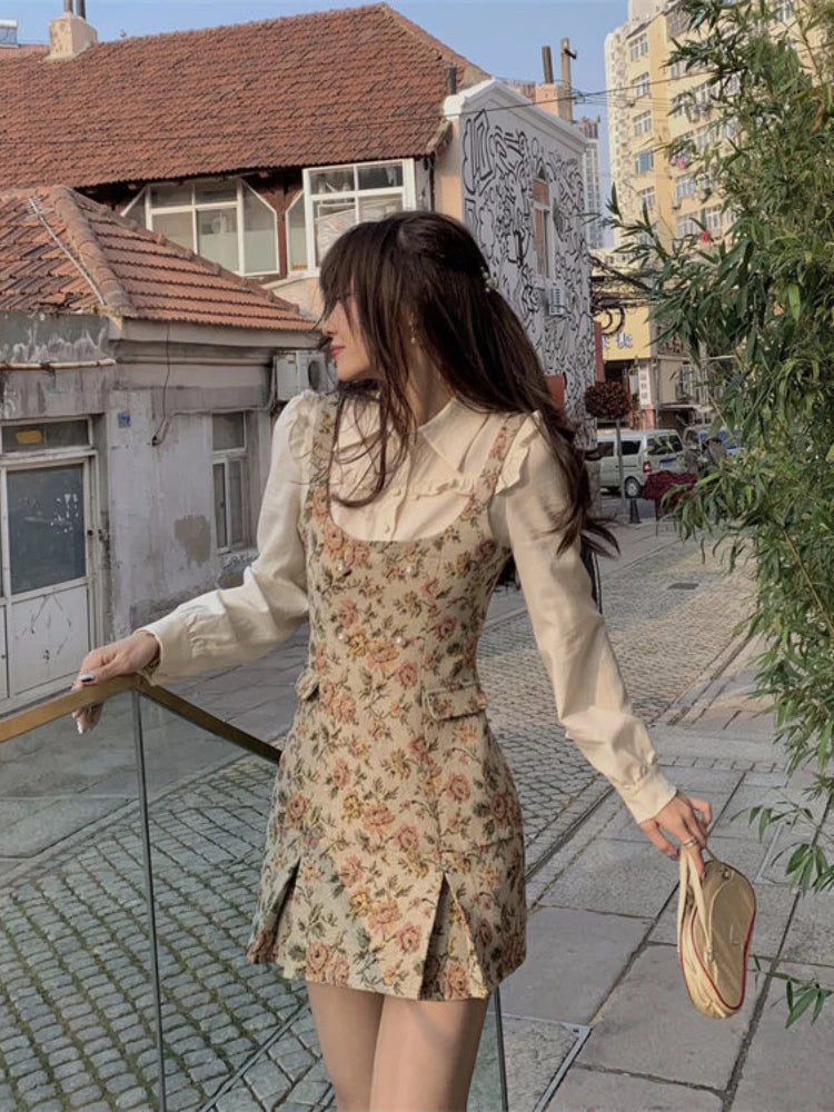 GETADME Elegant Vintage Floral Dress Women Fake Two Piece Patchwork Ruffles Chic Korean Fashion Female Dresses Autumn