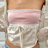 Getadme-Coquette Cute Pink Bandeau Tube Tops Fairycore Y2K Floral Lace Trim Strapless Crop Tops 90s Vintage Backless Camis