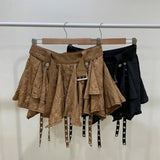 GETADME West Retro Bohemian Style Maillard Women Crumpled Layer Mini Skirt with Belt Strap Short Skirt Grunge E-Girl Y2K Acubi Outfit