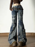 GETADME American Vintage Street Style Y2K Jeans Women's High-street Multi-pocket Cargo Flared Floor-grazing Jeans Casual Punk Long Pants