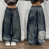 Getadme  Retro Y2k Hip Hop Fashion Street Loose Goth Big Pockets Jeans Men's High Waist Casual Straight Wide Leg Baggy Pants Women