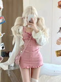 Getadme-Y2K Clothes 2 Piece Sets Womens Outfits Cropped Sweater Cardigan Coat Backless Ruffles Bodycon Mini Dress Suit Knit Korean Set