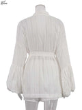 GETADME Oymimi Fashion White Cotton Women's Two Pieces Set Elegant Puff Sleeve Loose Lace-Up Shirts And High Waisted Shorts Female Sets