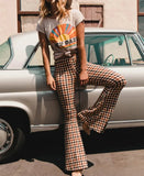 GETADME 패션 여성 바지 플레드 프린트 셀프 수양 캐주얼하고 우아한 출퇴근 스트릿 패션 플레어 팬츠 봄/가을