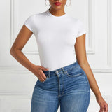 GETADME Solid One Piece Bodysuit Short Sleeve O Neck Sexy Open Basic Overalls Women Tight Fitting Body Top Skinny  Female