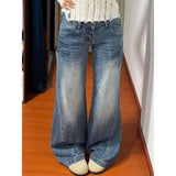 GETADME New American Vintage Edgy Low Waist Washed Jeans Women Lightning Crack Flared Wide Leg Floor Length Versatile Denim Pants
