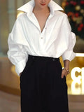GETADME UOOZEE 2025 New Women Fashion Long Batwing Sleeves Solid Color Lapel Blouses Spring Autumn Casual Simple Office Shirts Tops
