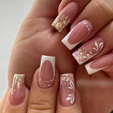 GETADME 24Pcs Short Square Coffin False Nails Square Fake Nails with Glue French Glitter Wearable Acrylic Nails Set Press on Nail Tips