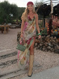 GETADME Sexy Printed V-neck Halter Long Dresses Women Retro Sleeveless Backless Side Slit Beach Dress Female Fashion High Street Holiday