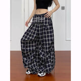GETADME Vintage Plaid Wide Leg Pants Women Y2K Japanese Streetwear Casual Scimitar Pants Harajuku Loose Pockets Straight Trousers