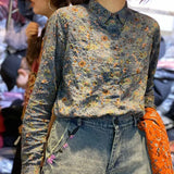 GETADME Cotton and Linen Spring New Artistic Retro Printed Shirts for Women Fashionable and Versatile Slimming Tops for Women