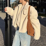 GETADME Winter Fashion Solid Color Lamb Wool Solid Color Jacket Flip Collar Women's Thick Warm Zipper Long Sve Short Coat 2025 New Wo