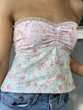 Retro Women Strapless Off Shoulder Tube Tops Lace Patchwork Summer Plaid Floral Print Tank Aesthetic Backless Vest