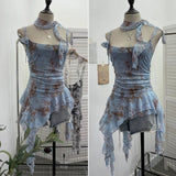 GETADME Women's Vintage Tie-dye Printed Mesh Spaghetti Strap Camisole Hot Girl Irregular Ruffled Ribbon Sleeveless Top Partyclub 1185