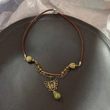 GETADME Vintage Brown Natural Stone Pendant Necklace for Women Fashion Geometric Long Leather Rope Necklace Sweater Chain Jewelry Gifts