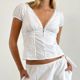 GETADME Maemukilabe French Style Lace Trim Crop Tops Women V Neck Button Up Milkmaid Blouse Cottage Fairy Y2K T-shirt Vintage Streetwear
