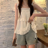 GETADME Ruffles Shirts and Blouses Korea Style Solid Fashion Woman Blouse 2025 Spaghetti Strap Top Women Summer Slash Neck Clothes New