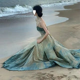 Getadme 고품질 보헤미안 여름 타이 다이 그라데이션 홀리데이 비치 가운 프렌치 섹시 여성용 스파게티 스트랩 슬림 허리 백리스 롱 드레스