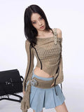 Getadme 2000s Aesthetic Vintage T-shirts Women Grunge Y2k Streetwear Sexy Gyaru Long Sleeve Crop Asymmetrical Top Slash Neck Tee