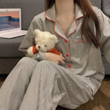 GETADME Pajamas Women Long Sleeve Trousers Summer Grey Cardigan Striped Sleepwear Loungewear Two Piece Set Ladies Nightwear Homewear