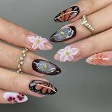 GETADME 24Pcs 3D Strawberry Rabbit Flower Fake Nails Press on Mid-length Almond Wearable False Nails Green Gradient Pearl Manicure Tips