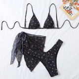 GETADME Yellow Floral Print Swimwear Mesh Cove Ups 3 Piece Bikini Set Damen Sexy Swimsuit Women 2025 Beach Wear Bikinis Swimming Wear