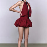 GETADME Fashion Halter Tie Sleeveless Fluffy Pleated Short Dress For Women Summer Evening Party Backless Hollow Out Zip Chic Club Robes