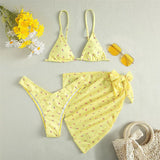 GETADME Yellow Floral Print Swimwear Mesh Cove Ups 3 Piece Bikini Set Damen Sexy Swimsuit Women 2025 Beach Wear Bikinis Swimming Wear