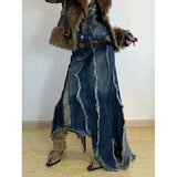 GETADME Women Blue Denim Half Body Skirt Tassels Bottoms High Waist Casual Korean Mid Length Skirt Baggy Vintage Female Long Skirt