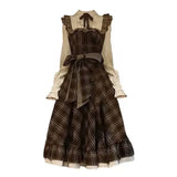 GETADME Fake Two-Piece Dress for Women Long Skirt Slim Fit Waist Cinching Vintage Lolita Plaid Bow New Korean Style Fashion Winter 2025