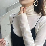 GETADME 섹시 여성 티셔츠 시스루 투명 메쉬 탑 긴팔 시스루 슬림 여성 솔리드 터틀넥 실크 티셔츠 레이스 크롭 탑