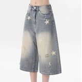 GETADME DM American Vintage Washed Star Denim Shorts Y2k High Waist Straight Wide Leg Jeans 2025 New Loose Knee-Length Pants