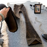 GETADME 하이 스트리트 레오파드 프린트 플레어 팬츠 새로운 바텀 팬츠 여성 슬림 패션 스트리트웨어 Y2K 청바지 캐주얼 레트로 데님 바지