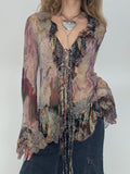 GETADME 빈티지 플로럴 프린트 러플 메시 셔츠 여성 시스루 섹시 러플 슬리브 오픈 스티치 레이스업 에스테틱 의류