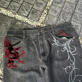 GETADME Streetwear Y2K Gothic Denim Trousers Harajuku Punk Dinosaur Embroidery Washed Jeans Hip Hop Wide Leg Oversized Jeans Mens Womens