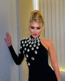 GETADME 패션 여성 셀러브리티 섹시 싱글 슬리브 라인스톤 블랙 맥시 롱 바디콘 붕대 드레스 우아한 이브닝 클럽 파티 드레스