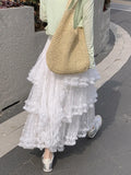 GETADME Elegant Long Multi Layer Mesh Skirt for Women Elastic Waist A-Line Summer Skirt Woman Sweet White Lace Patchwork Cake Skirts