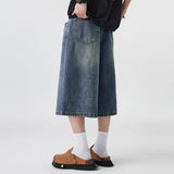 GETADME Men's Non-Elastic Denim Seven-Five Shorts Loose Wide Leg Fit Versatile Simple Style Casual Shorts