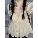 GETADME Lace Shirts and Blouses Korea To-neck Ashion Woman Blouse 2025 Petal Short Sleeve Ruffles Ladies Top Female Solid Clothes New