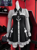 GETADME Summer Japanese Jirai Kei Style Mini Dress Women's Lapel Collar Flare Sleeve Striped Lace Dress Y2K Subculture Dress Girly Goth