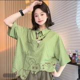 GETADME Women Y2K Streetwear Green Plaid Short Sleeve Shirt Cat Embroidery Asymmetrical Hem Frog Button Casual Loose Fit Couple Top 2026