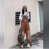 GETADME Retro American Brown Embroidered Bib Overalls Women Loose Straight Leg Jeans Slimming One-Piece Pants High Waist Denim