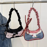 GETADME Fashion Grid Women Bag Lace Ribbon Stretchable Shoulder Strap Single Shoulder Underarm Bag Daily Commuting Student Handbag