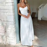 GETADME Ladies Fashion New Sexy Solid Color Slip Dress Lace-up Design Sense Elegant 2025 Summer A-line Long Dress Temperament Robe Femme