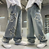 GETADME New Fashion Teenager Boys Denim Wide Leg Pants Child Trousers Spring Autumn Star Splicing Raw Edge Jeans 5-14 Yrs Kids Trousers