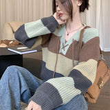 Getadme-Contrast Lace-Up V-Neck Sweater Ladies Preppy Style Basic Long Sleeve Knitted Pullovers Women Autumn Loose Knitwear