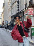 Getadme Women Red Lapel Zipper Leather Cropped Coat Casual Long Sleeve Patchwork Pocket Jacket  Autumn Fashion New Female Streetwear